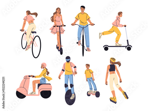 ECO urban transport. Skateboard, girl riding bicycle, man on motorcycle, teen on scooter. Young characters on bike in city. Flat child on board. Biking person. Vector cartoon isolated illustration