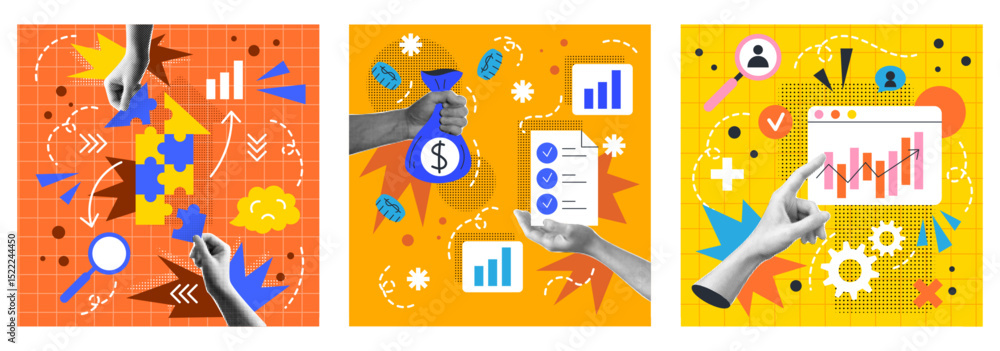 Fototapeta premium Art idea. Work startup. Modern halftone hand. Brain concept. Business innovation lightbulb. Student paper finger. Growth chart. Money investment. Vector abstract education garish collage posters set