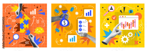 Art idea. Work startup. Modern halftone hand. Brain concept. Business innovation lightbulb. Student paper finger. Growth chart. Money investment. Vector abstract education garish collage posters set