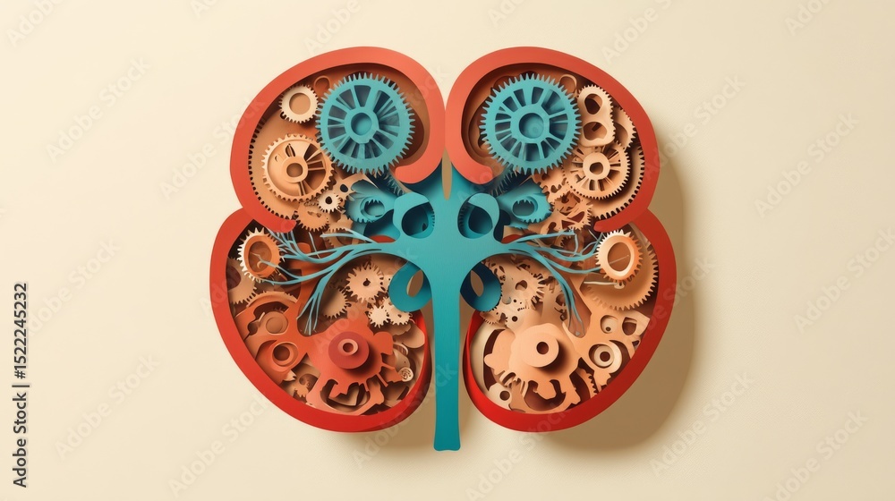 70.An anatomical vector illustration of a human kidney, with a unique design where internal organs are represented by paper-cut gears. The gears are interwoven to represent the kidney’s filtering 70.An anatomical vector illustration of a human kidney, with a unique design where internal organs are represented by paper-cut gears. The gears are interwoven to represent the kidney’s filtering