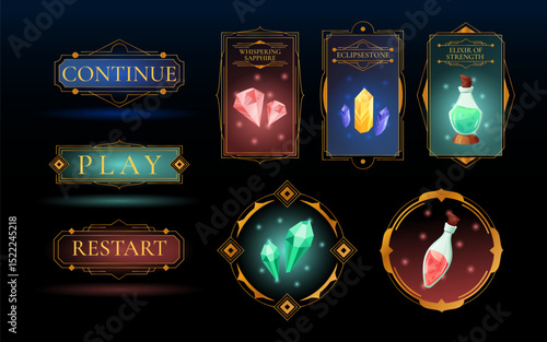 Game UI frame. Magic button. Fantasy icon. Stone interface with glowing HUD. Blue target divider Loot gemstone card. Charming reward gems. Potion bottle. Vector luxury FUI garish screen elements set
