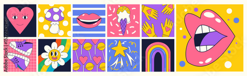 Wallpaper Mural Abstract cartoon sticker. Art doodle retro design. Color shape. Comics graphic for music. Love heart smile. Daisy flower. Psychedelic labels. Woman mouth lips. Vector summer groovy garish patches set Torontodigital.ca
