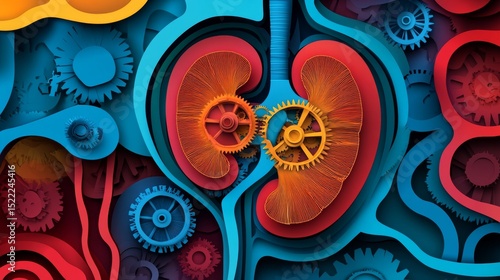 83.A colorful, vector-based design of a human kidney, with a creative paper-cut effect showing gears and mechanical components. The gears represent the kidneyâ€™s internal work process, with vibrant