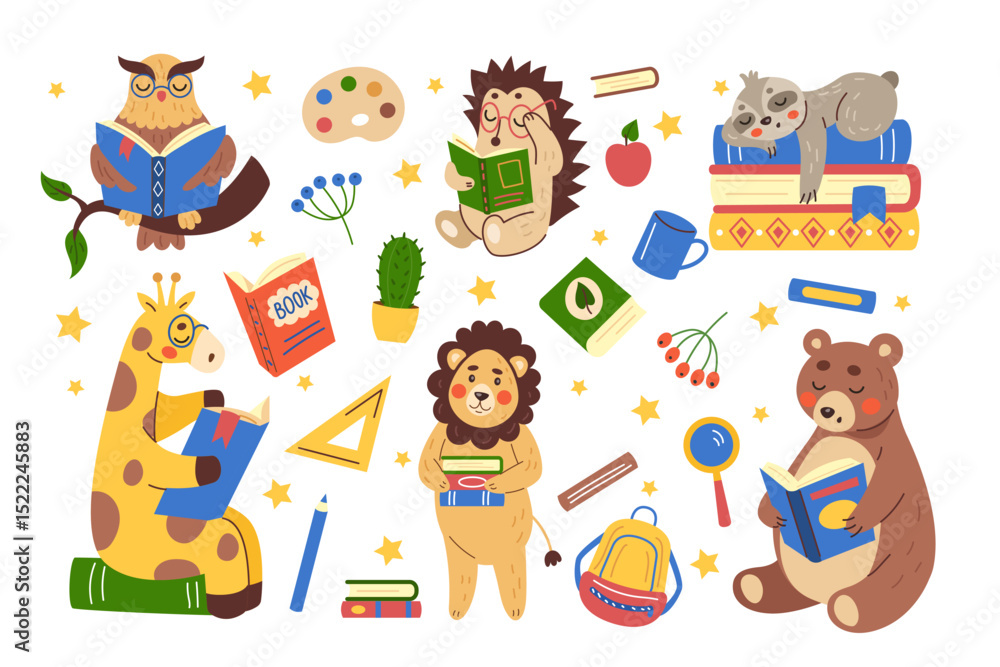 Fototapeta premium Animals study. Cartoon characters. Textbook for education. Jungle and forest mammals read books in school. Childish drawing. Pet kids learning in library. Student backpack. Vector tidy illustration