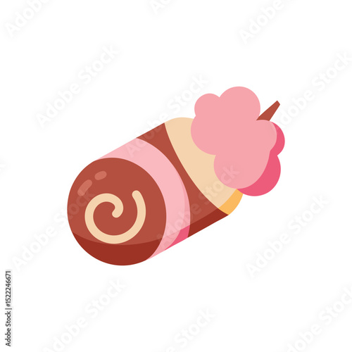 Cartoon chocolate roll cake with creamy pink topping delicious pastry