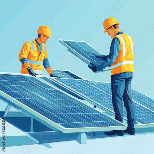 Two engineers in safety uniforms inspecting and selecting a clean  high efficiency solar panel before rooftop installation for a renewable energy project cartoon