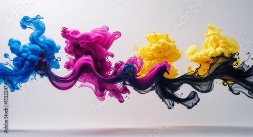 Vibrant Abstract Digital Artwork with Four Colored Ink Plumes in Blue Magenta Yellow and Black on White