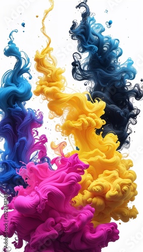 Vibrant Abstract Digital Artwork with Four Colored Ink Plumes in Blue Magenta Yellow and Black on White