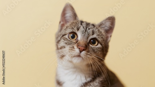 Worried tabby cat looking at owner, cat emotion and concern, yellow background