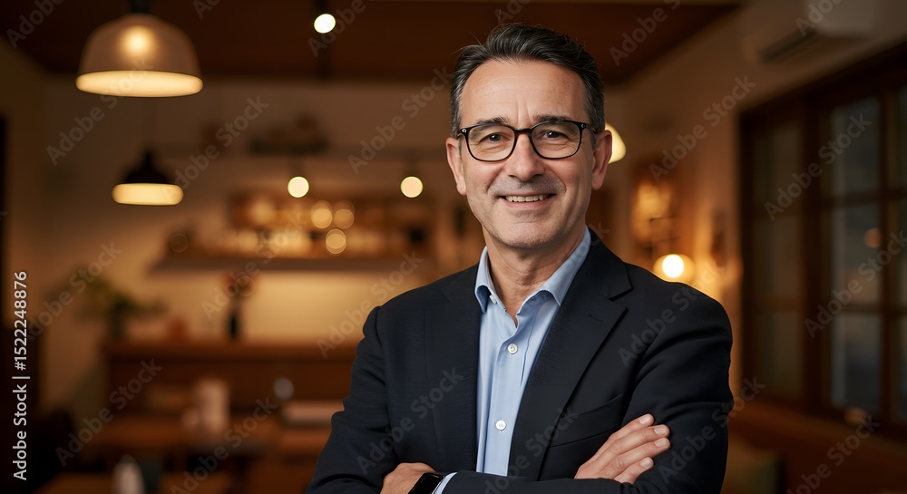 Fototapeta premium A confident, smiling business man standing in a well-lit room with his arms crossed