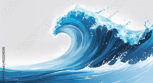 Realistic Blue Water Wave Illustration with Droplets and Fluid Motion on White Background
