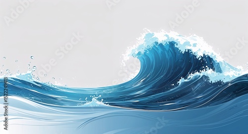 Realistic Blue Water Wave Illustration with Droplets and Fluid Motion on White Background