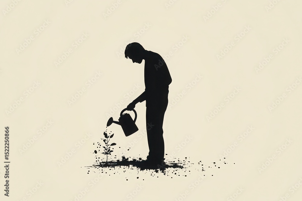 Fototapeta premium Silhouette of person watering a young plant