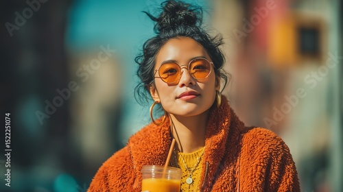 Hipster Asian Woman Drinking Smoothie in NYC with Urban Backdrop