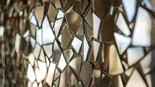 Irregular abstract mirrored tiles create a fragmented reflective surface and geometric pattern on an interior wall, decorative backdrop.