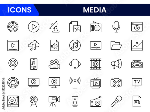Dynamic vector web line icons showcasing media, broadcasting, streaming, journalism, cameras, microphones, and digital content creation tools.