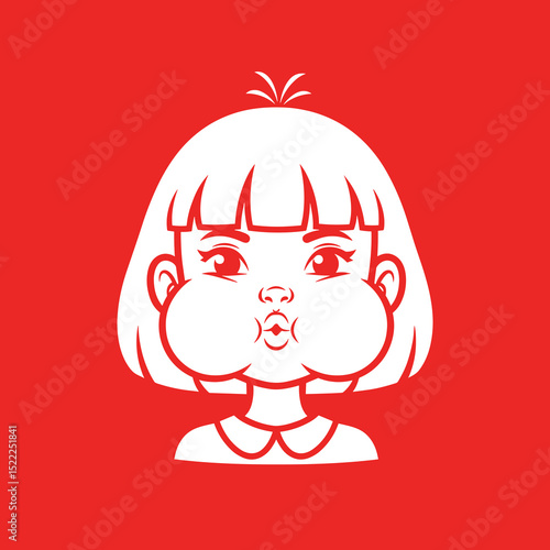 White Cartoon Girl with Puffy Cheeks on Red Background