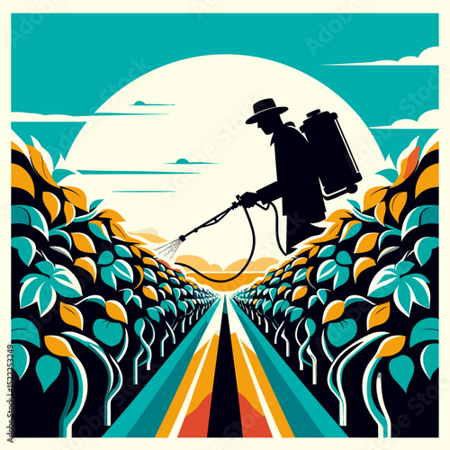 Farmer spraying vines, with a vibrant mood, on colorful landscape