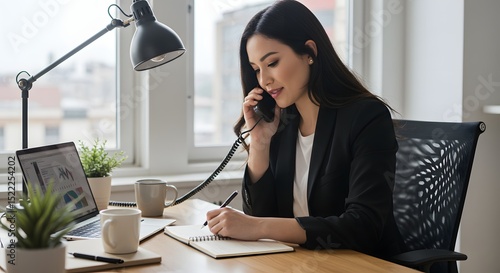 A professional businesswoman making a phone call while taking notes at her desk, showing her busy day