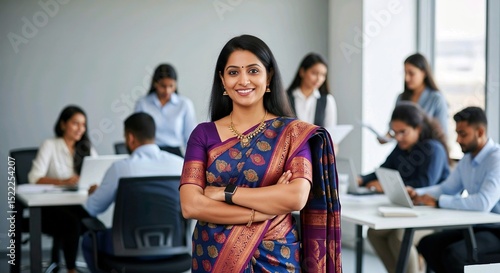 Confident Young Indian Professional in Saree at Office Workplace