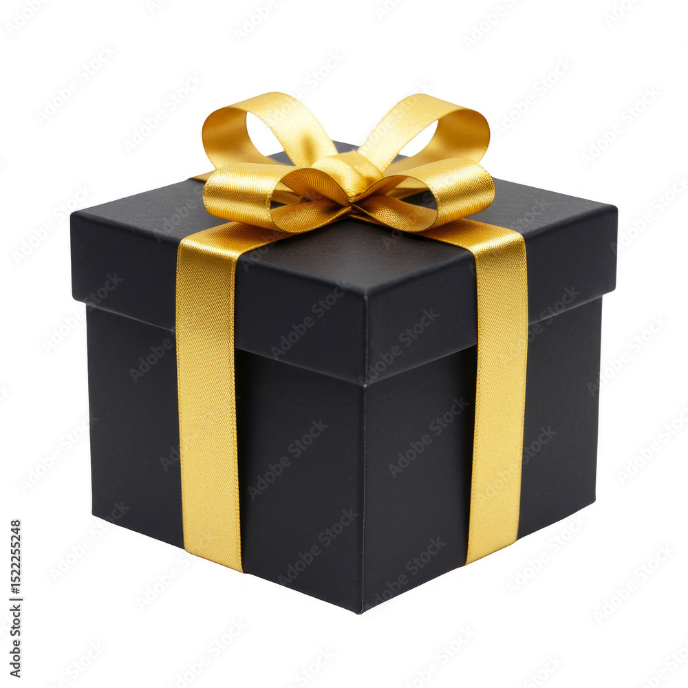 Isolated Black Gift Box with Golden Ribbon on Transparent Background Isolated Black Gift Box with Golden Ribbon on Transparent Background
