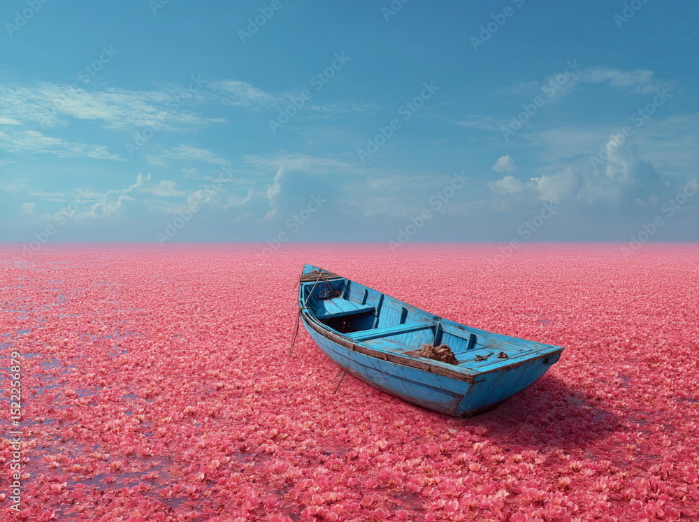 Top view of a vibrant blue boat in a pink lotus lake, surrounded by endless blossoms. Symbol of tranquility, wanderlust, and connection to peaceful nature.
Top view of a vibrant blue boat in a pink lotus lake, surrounded by endless blossoms. Symbol of tranquility, wanderlust, and connection to peaceful nature.