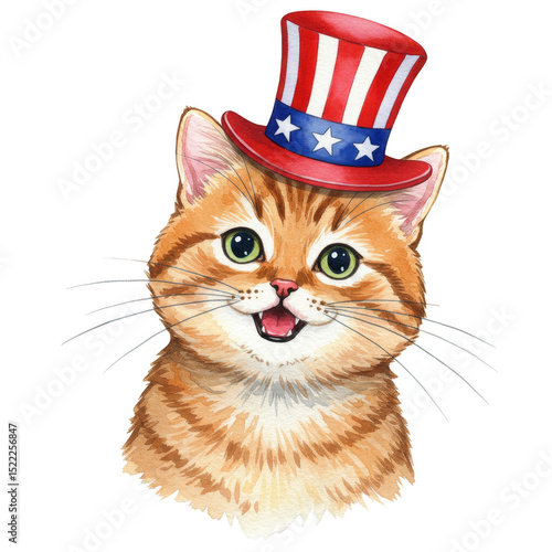 Illustration of Patriotic Cat Kitten Wearing American Hat on Transparent