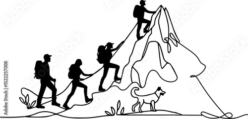 Group of hikers climbing a mountain trail with a dog  