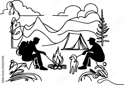 Two campers sitting by a campfire with a dog near a tent  