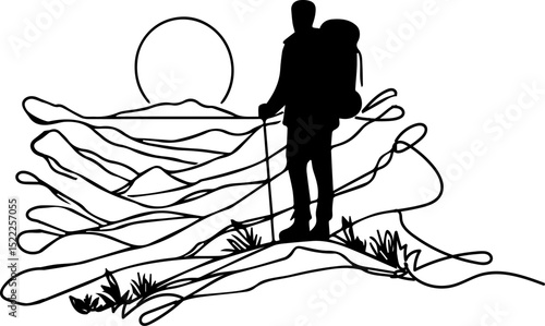 Hiker standing on mountain ridge with backpack during sunset  