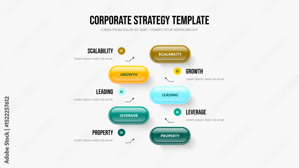 Naklejka premium Creative Portfolio Five Option Infographic Slide Layout. Market Strategy Presentation Design Vector Illustration. Investor Overview 5 Element Diagram Slideshow Template.