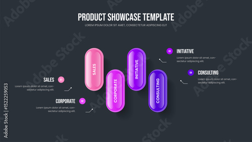 Visual Strategy Four Element Diagram Frame Layout. Service Briefing Presentation Template Vector Illustration. Product Plan 4 Option Infographic Slideshow Design.