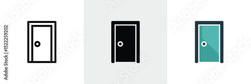 Three Door Icon Variations Outline, Silhouette, and Flat Style Designs