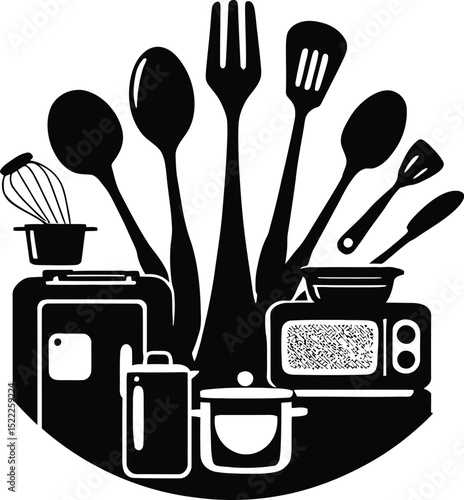 Kitchen Utensils & Cooking Essentials Symbol Set Featuring a Circular Arrangement of Kitchen Tools and Appliances, Including Spoons, Forks, Spatulas, a Whisk, a Ladle, and Common Appliances 