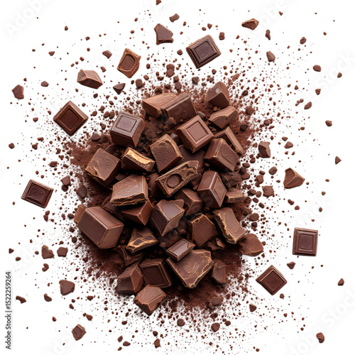 Aerial view of a pile of chocolate squares and cocoa powder on a black background