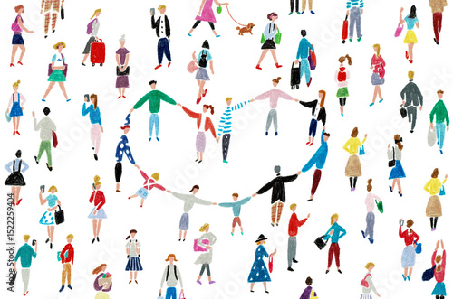 手描きイラスト　ハートの輪　手をつなぐ人々　