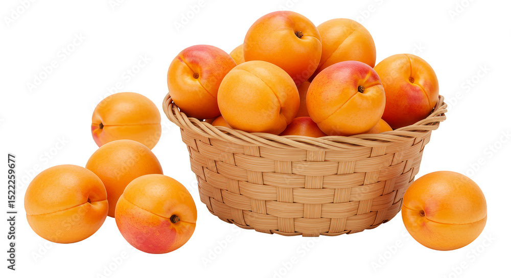 Isolated Fresh Ripe Apricots in Wicker Basket on Transparent Background Isolated Fresh Ripe Apricots in Wicker Basket on Transparent Background
