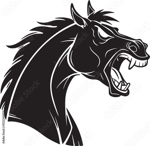 Angry horse head silhouette with flared nostrils and tense vector lines in black fill, capturing a bold emotional tone in a clean silhouette style