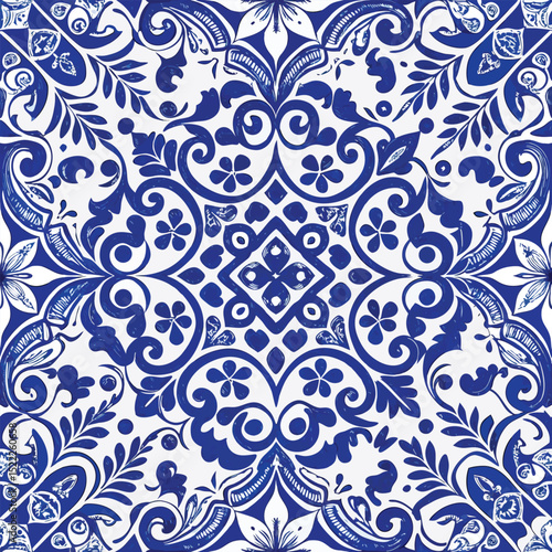 Blue and White Porcelain Tile Seamless Pattern – Intricate Floral & Geometric Delftware-Inspired Design