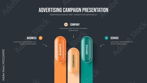 Corporate Strategy 3 Step Diagram Frame Template. Product Performance Slideshow Design Vector Illustration. Business Review Three Element Infographic Slide Layout.