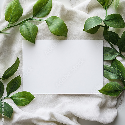 Blank White Paper with Fresh Greenery on Cloth. ai generated