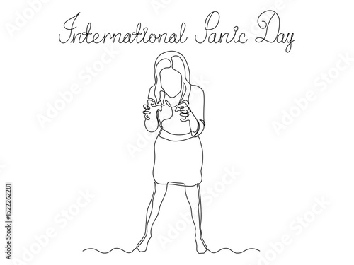 International Panic Day. Girl,woman panicking,angry,screaming,nervous,indignant, continuous single line art hand drawing sketch logo