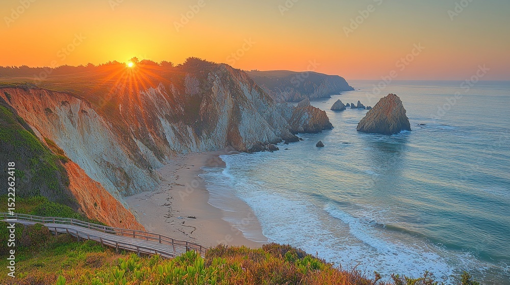 Naklejka premium Coastal sunset over colorful cliffs