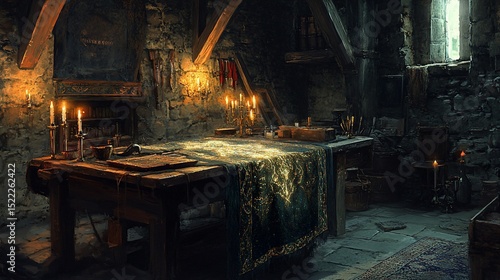Mystical ambiance of an old medieval room illuminated by candlelight illuminating old writings