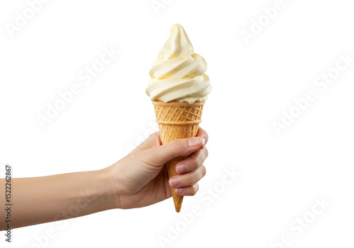 Isolated Hand Holding Vanilla Ice Cream Cone Dessert on Transparent Background