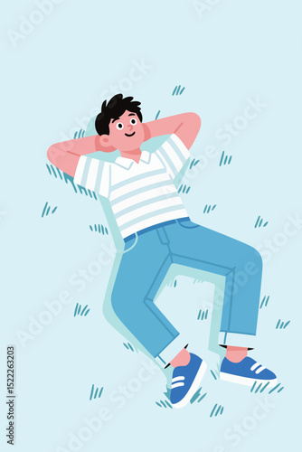 Relaxed Person Lying Down With Hands Behind Head Wearing Striped Shirt Blue Jeans And Sneakers