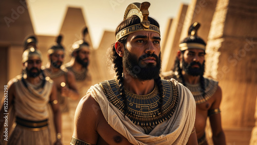 A pharaoh and his court are seen in a scene of ancient Egyptian culture.