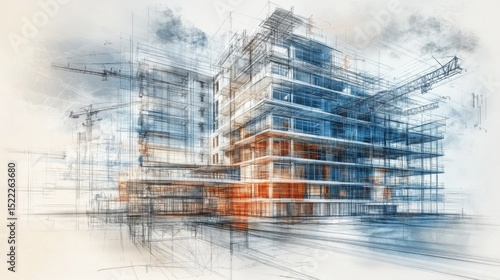 This visual portrays a detailed digital rendering of a contemporary residential development, featuring architectural sketches and blueprints by the water, surrounded by greenery.