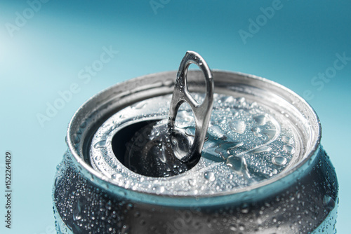 Open aluminum can with foam close up. Cold refreshing drink