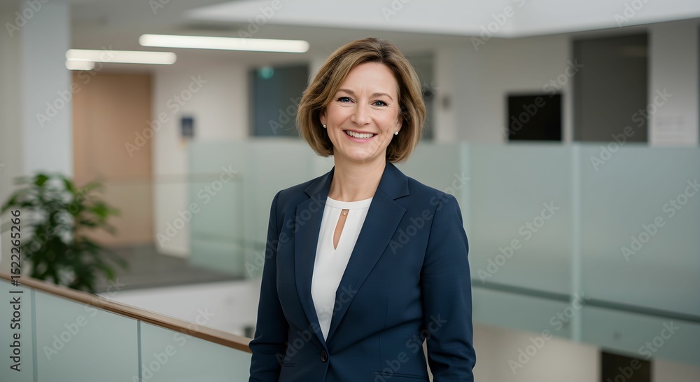 An office worker is smiling warmly in a modern office. An office worker is smiling warmly in a modern office.